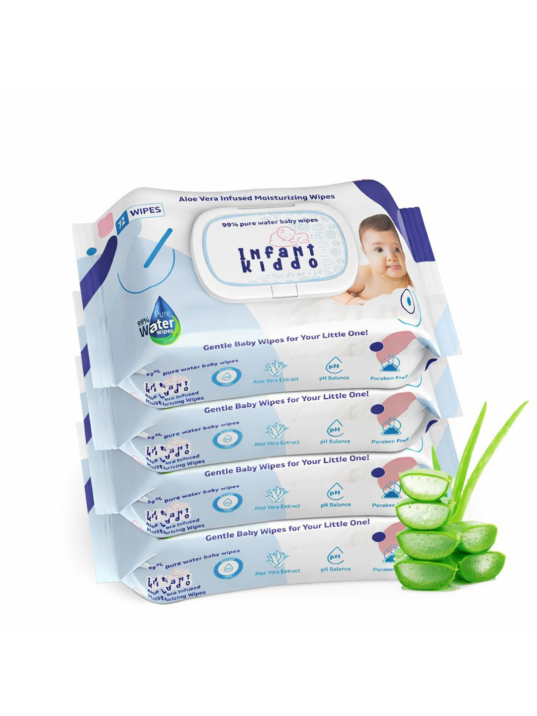 Infant Kiddo Kids Set Of 4 Moisturizing Baby Wipes With Aloe Vera - 72 Wipes Each