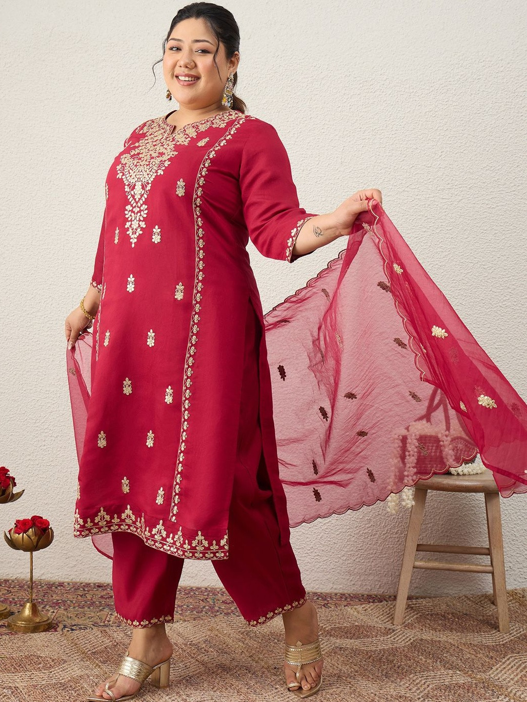 Indo Era Plus Size Ethnic Motifs Embroidered Regular Kurta with Trousers & With Dupatta