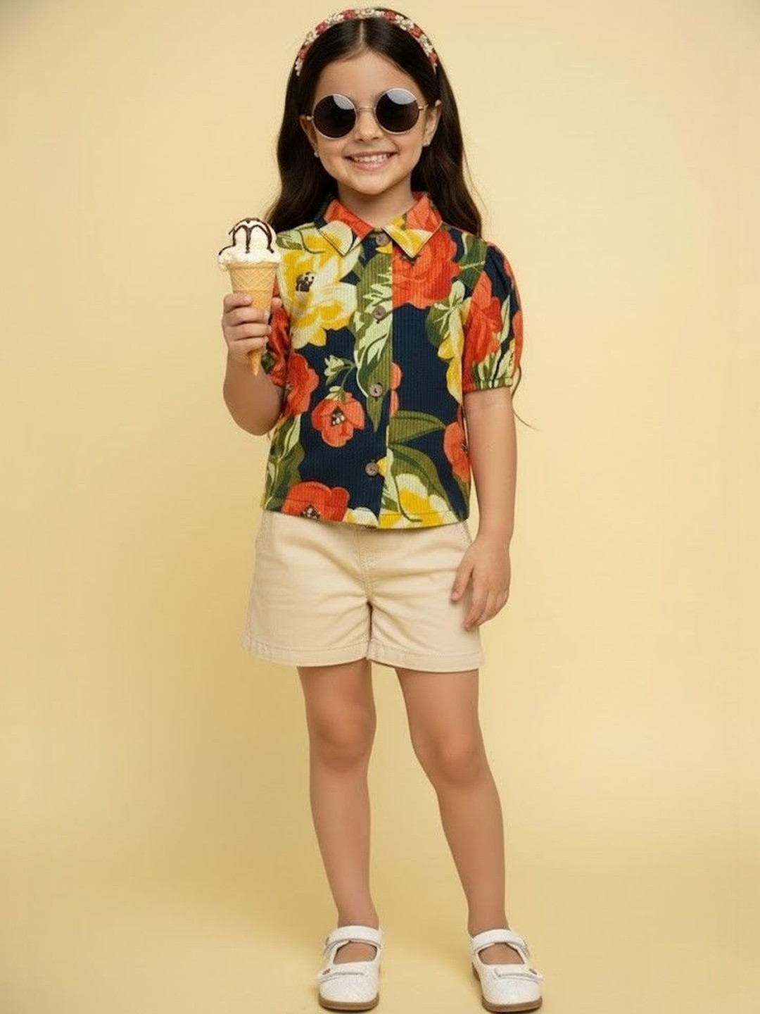 CrayonFlakes Girls Floral Printed Cotton Shirt Style Short Sleeves Top