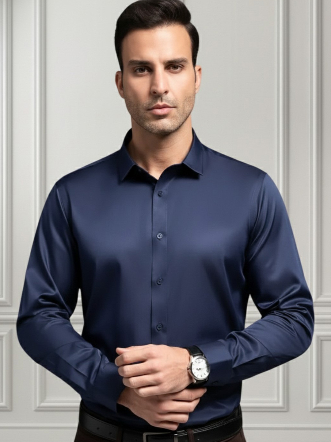 INDOPRIMO Spread Collar Long Sleeves Satin Casual Shirt