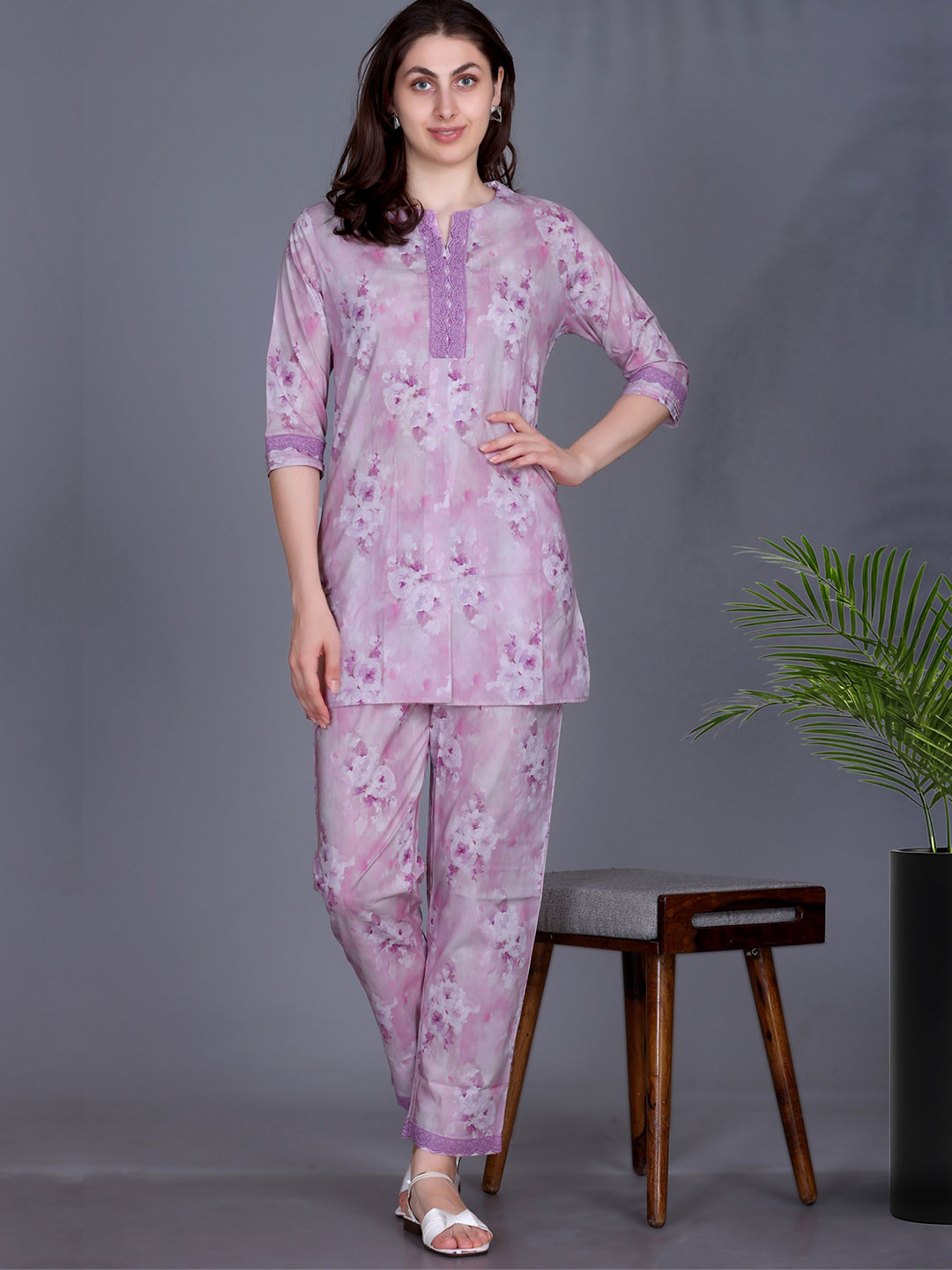 KIZA Floral Cotton Printed Tunic with Trousers