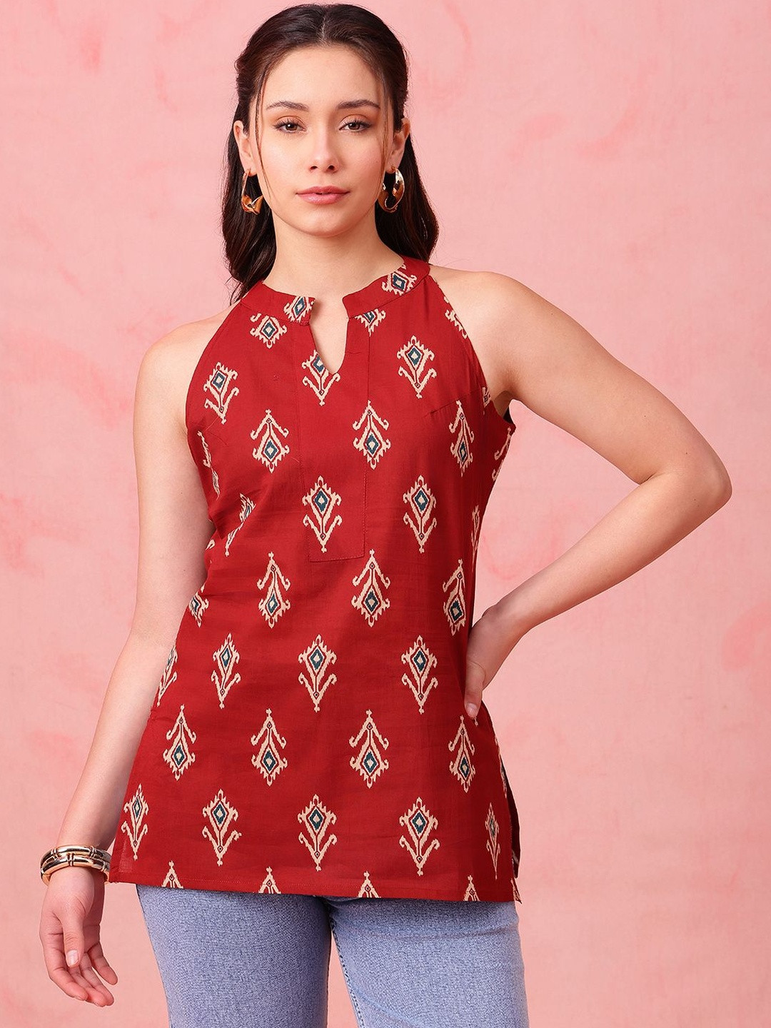 Vbuyz Womens Maroon Cotton Ikkat Printed Straight Tunic with Halter Neck