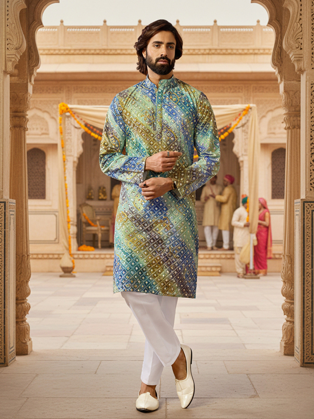 RANGRAAG Men Bandhani Printed Regular Mirror Work Kurta with Trousers