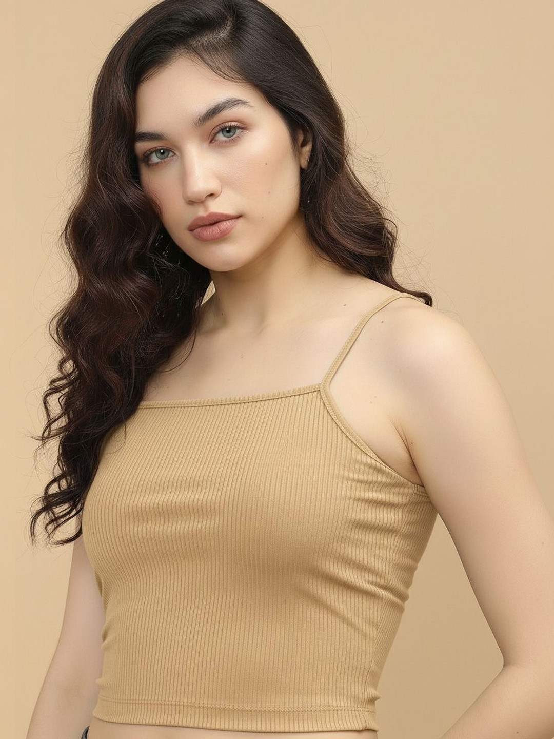 Beige Ribbed Square Neck Crop Top