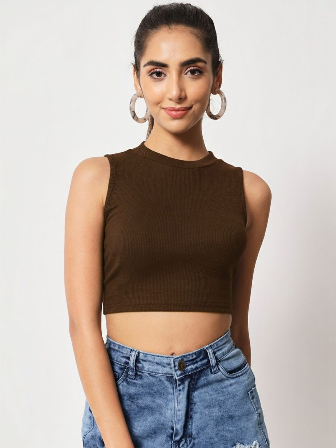 Brown Ribbed Sleeveless Crop Top with Round Neck