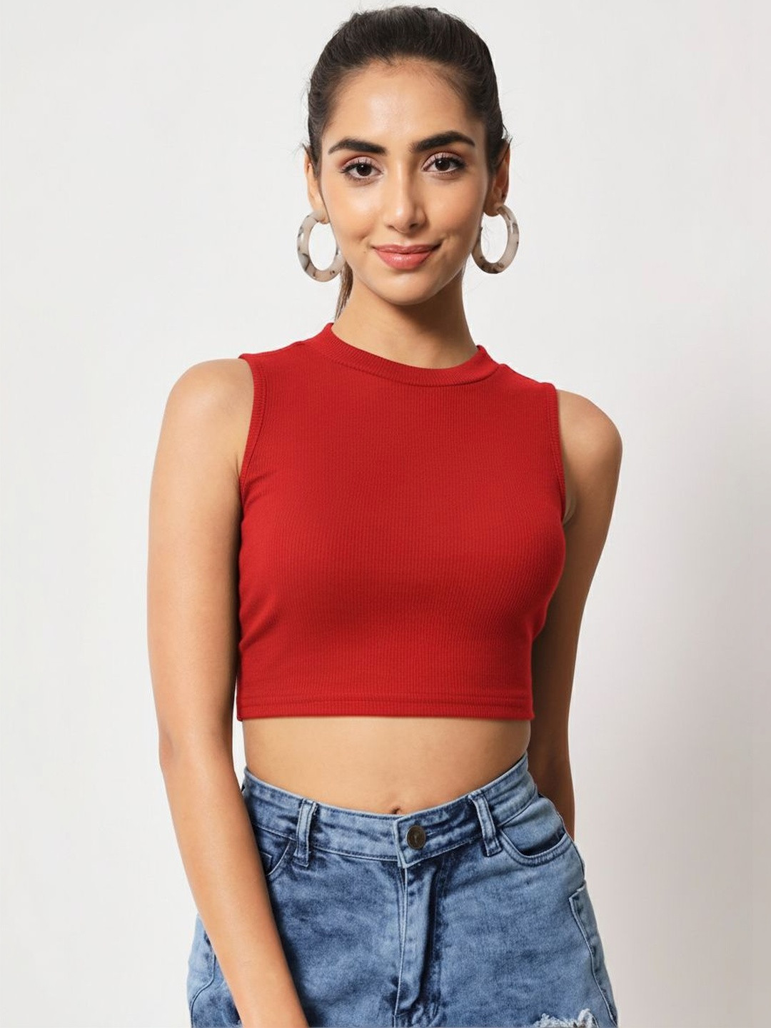 Red Solid Ribbed Round Neck Sleeveless Crop Top