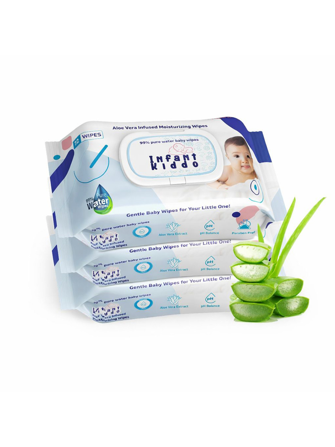 Infant Kiddo Kids Set Of 3 Moisturizing Baby Wipes With Aloe Vera - 72 Wipes Each