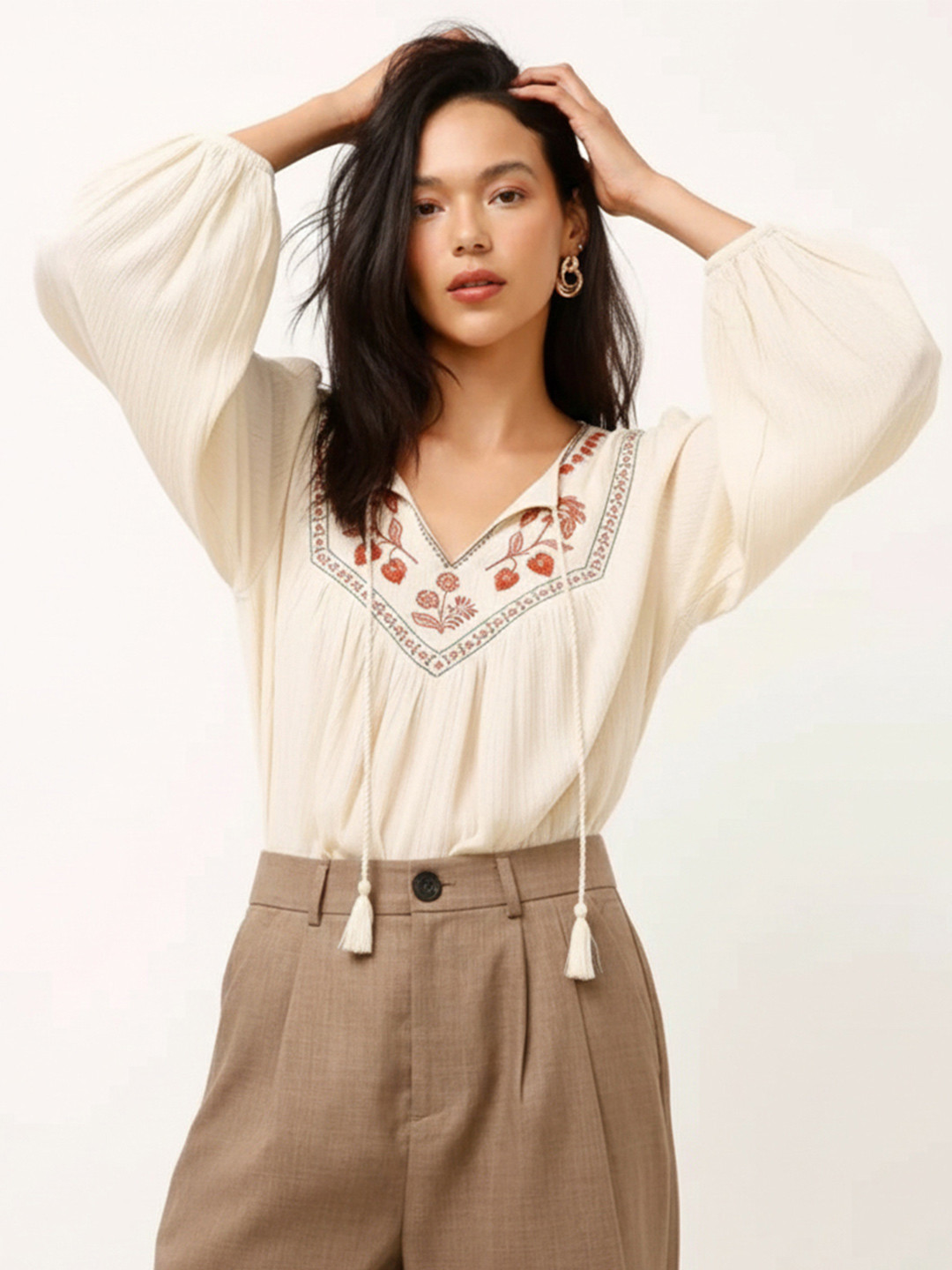 Embroidered V-Neck Bishop Sleeves Bohemian Top