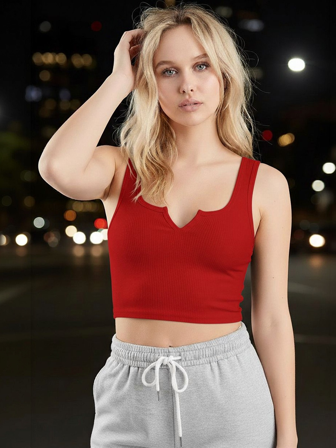 Red Ribbed V-Neck Sleeveless Crop Top