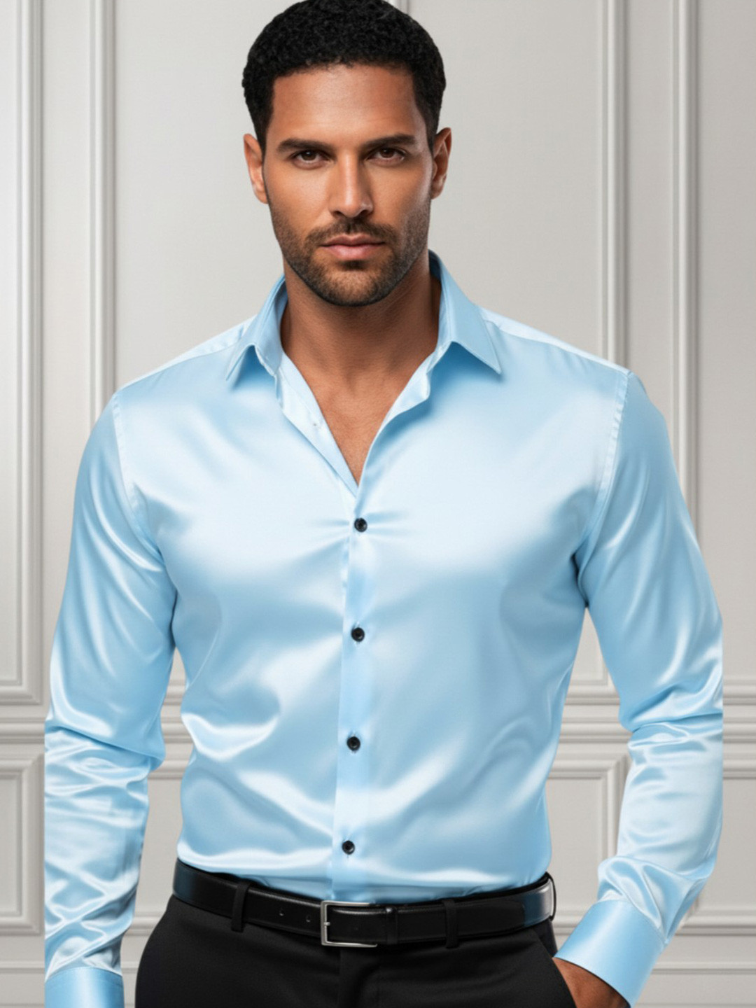 INDOPRIMO Men Solid Spread Collar Satin Formal Shirt