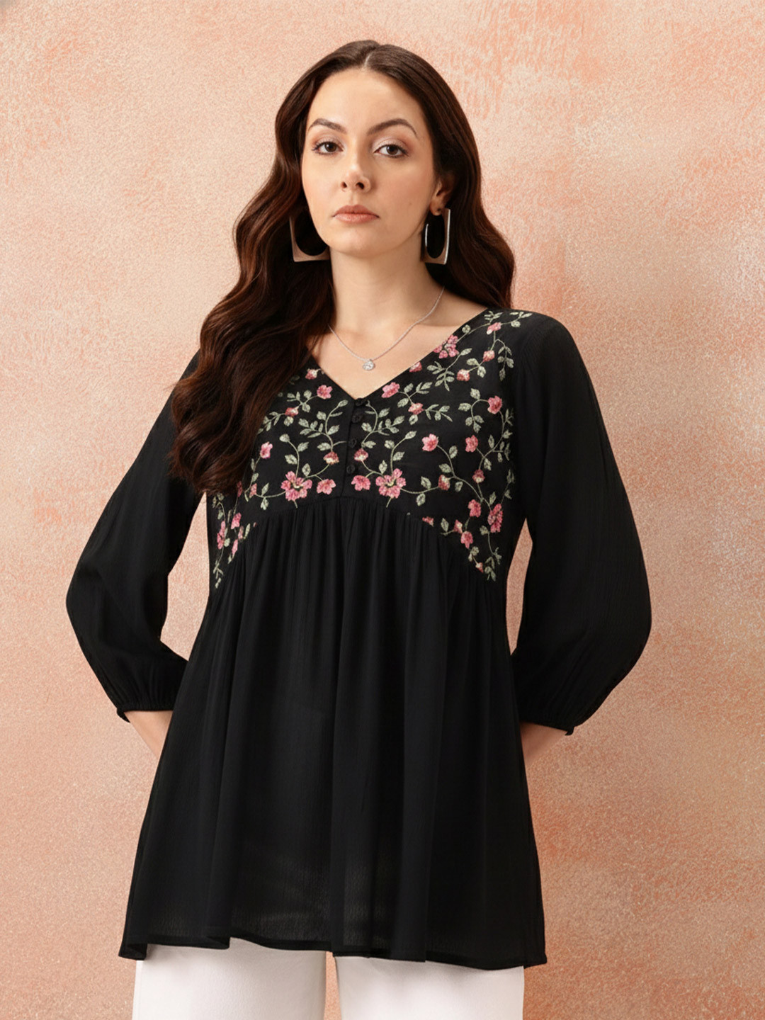 NNAVDHA Floral Embroidered Cotton Empire Top