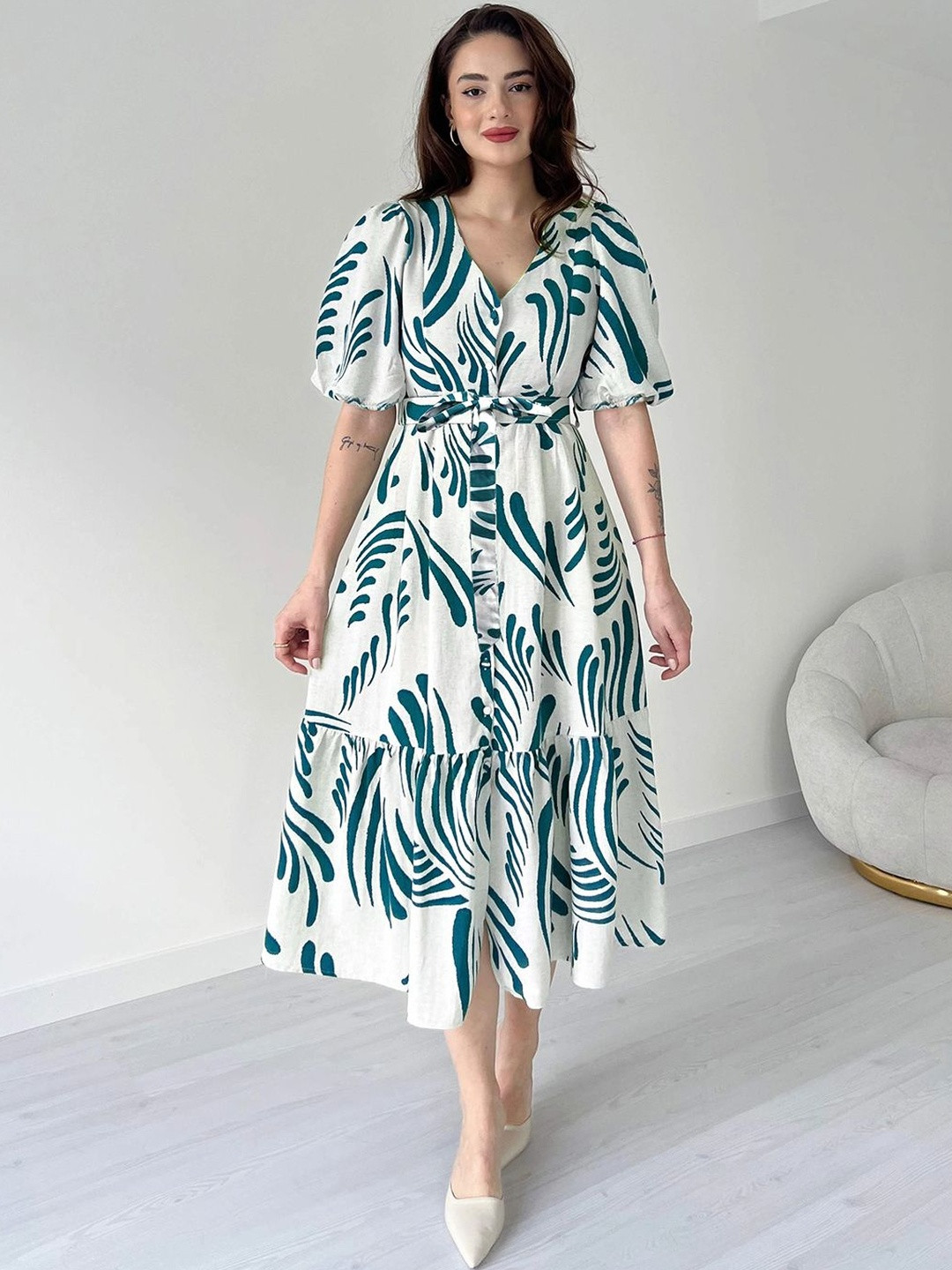 OMPAX Print Puff Sleeve Fit & Flare Midi Dress