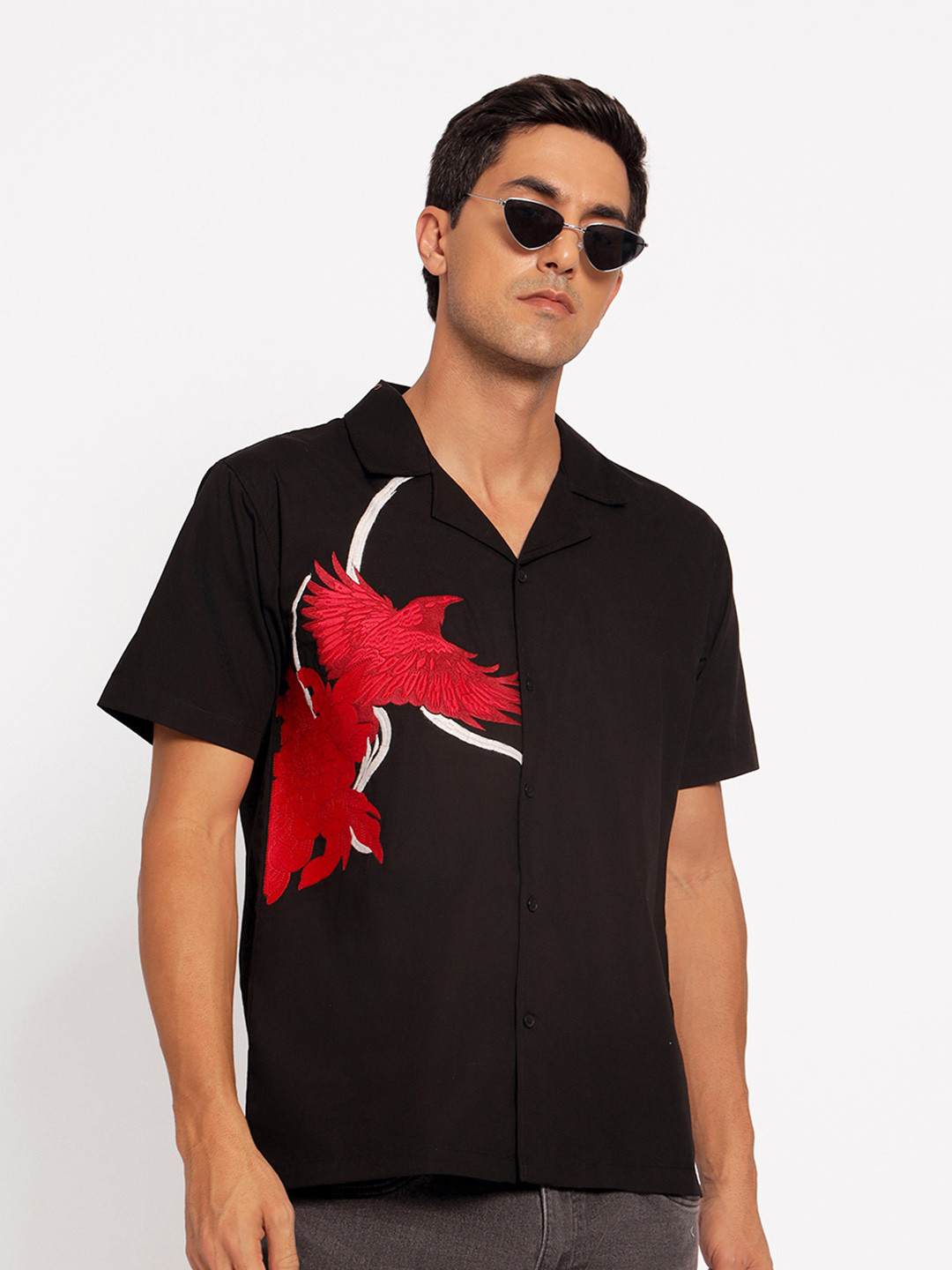 MyDesignation Raven Embroidered Short Sleeves Relaxed Fit Cotton Shirt