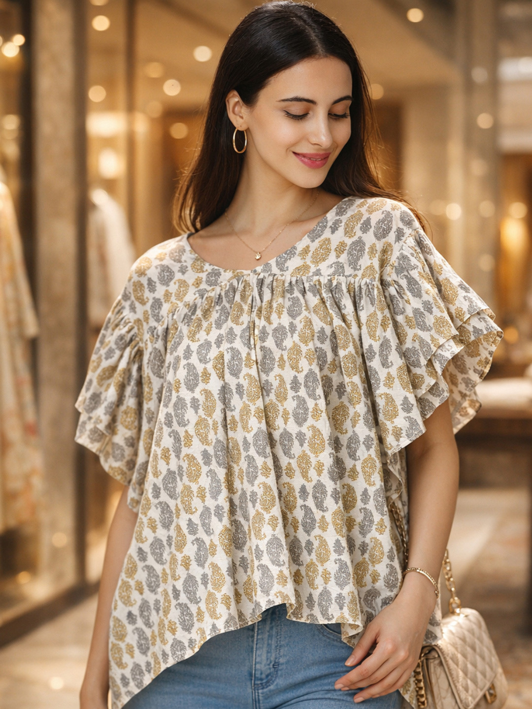 KALINI Women Print Flutter Sleeve Layered Ethnic Cotton Top