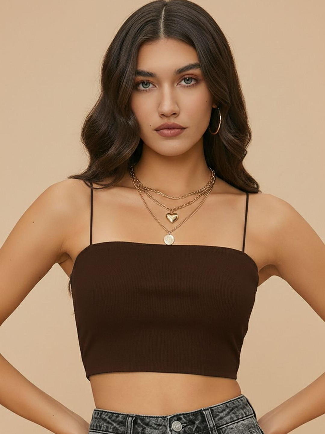 Womenster Ribbed Straight Neck Spaghetti Crop Cami