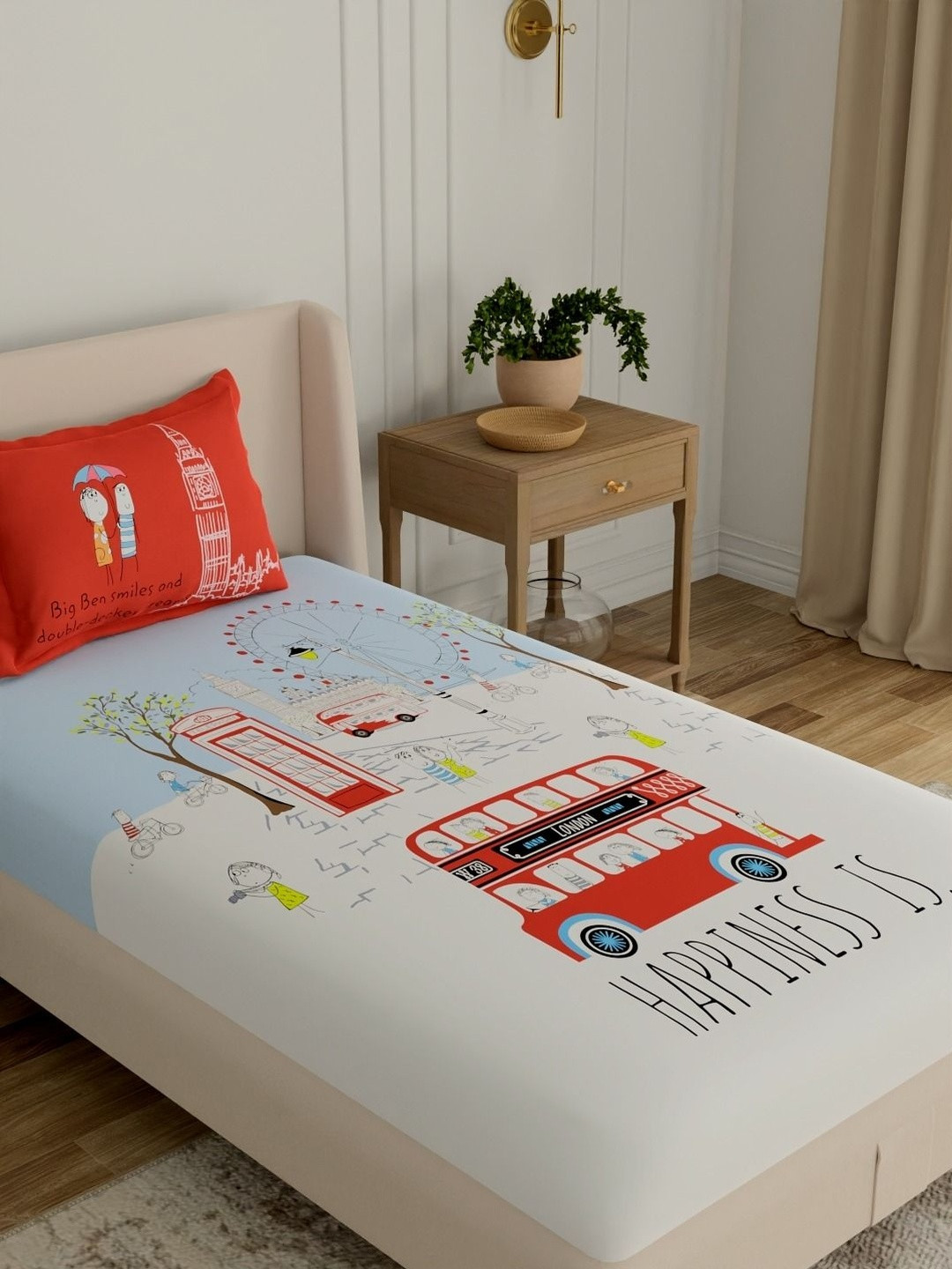 Portico 144 TC Red Conversational Single Bedsheet with 1 Pillow Covers