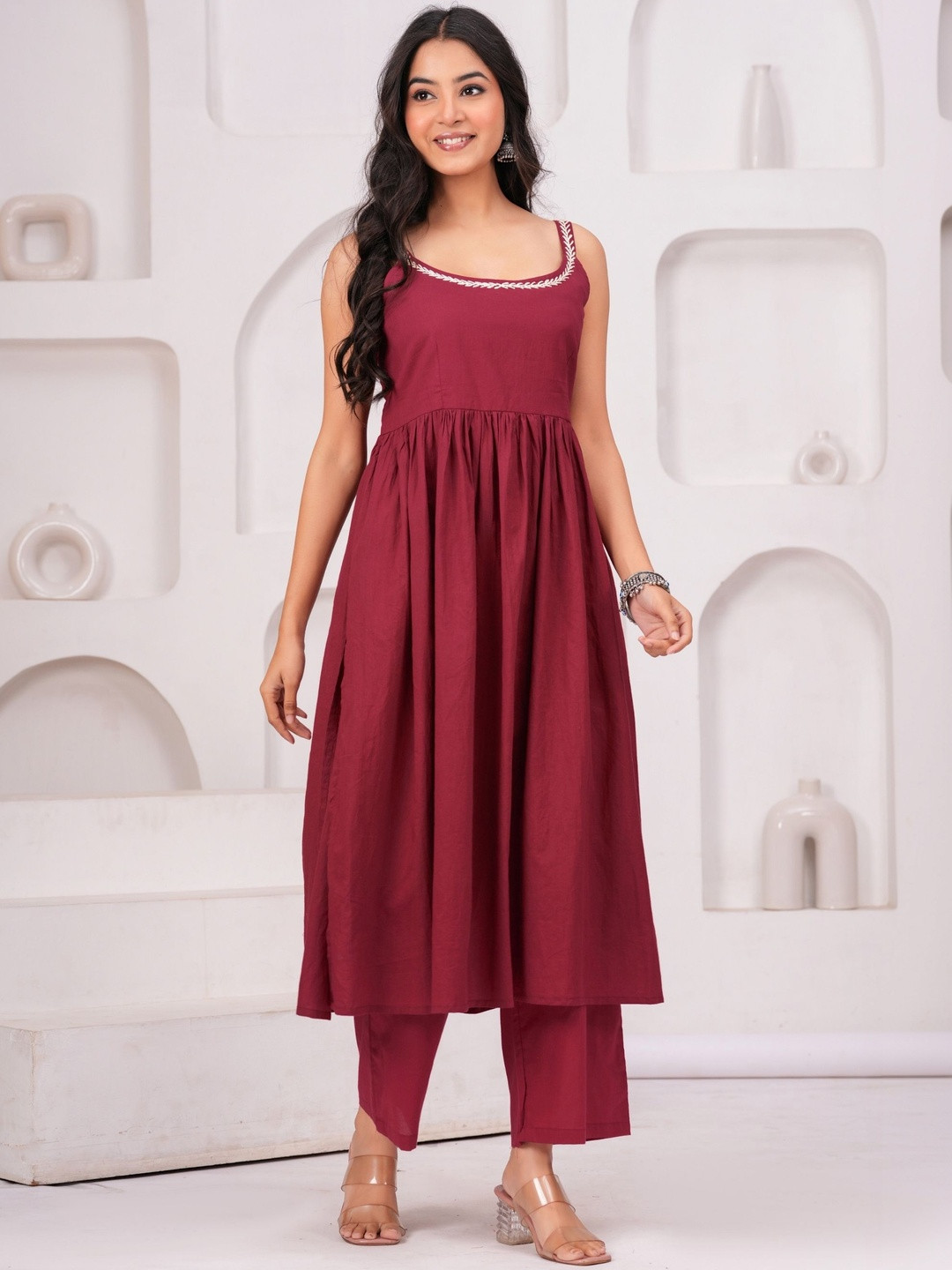 GAYRAA Women Ethnic Motifs Embroidered Empire Thread Work Pure Cotton Kurta with Palazzos