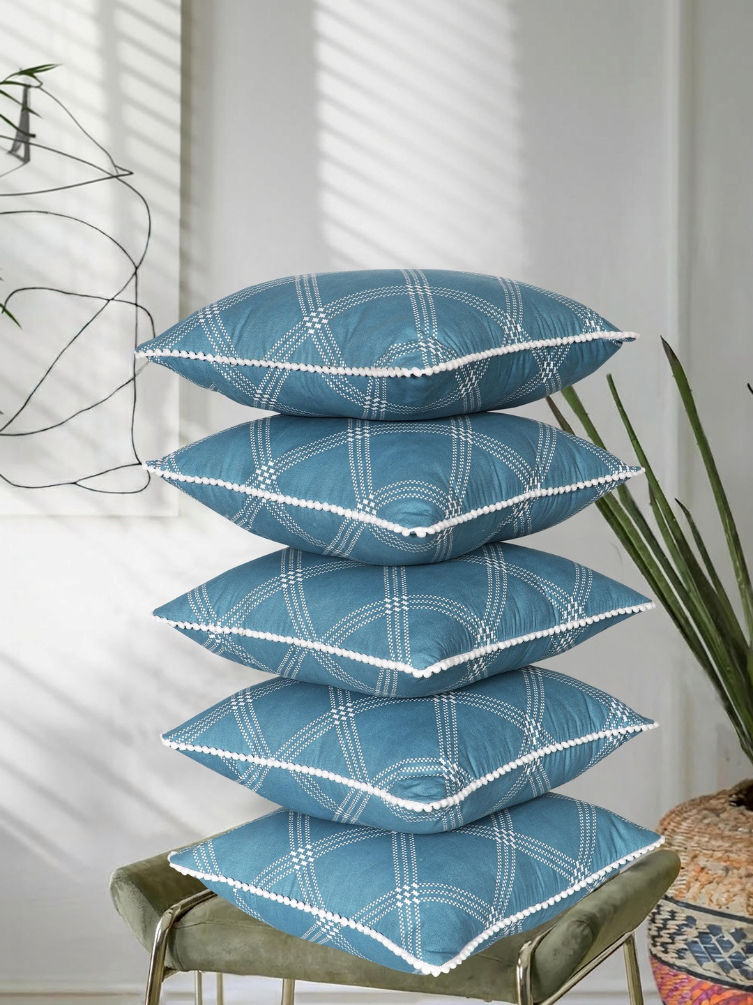 RD TREND Blue Set of 5 Square Cotton Cushion Covers With Pom Pom 24x24 Inch