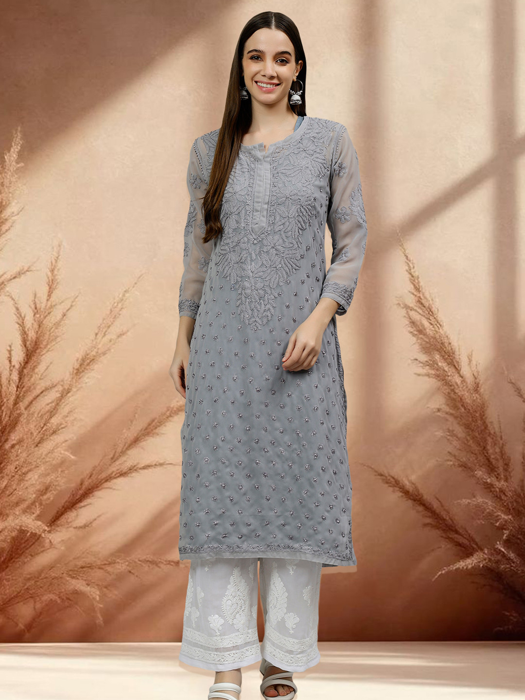 Seva Chikan Floral Embroidered Notched Neck Lucknowi Chikankari Georgette Kurta
