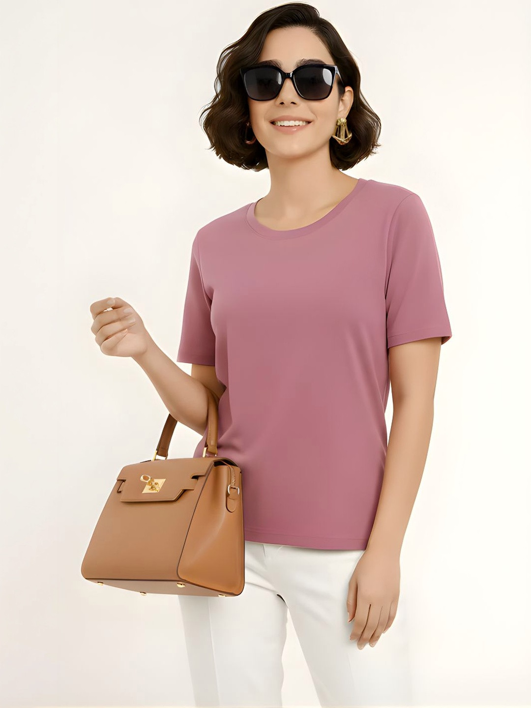 GlamZei Solid Cotton Round Neck Relaxed Fit Casual T-Shirt