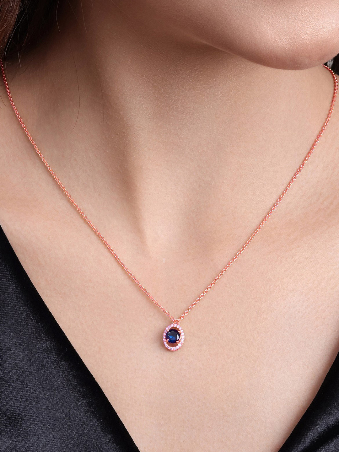 MALENA Rose Gold Plated Crystals Studded Teardrop Shaped Pendant With Chain