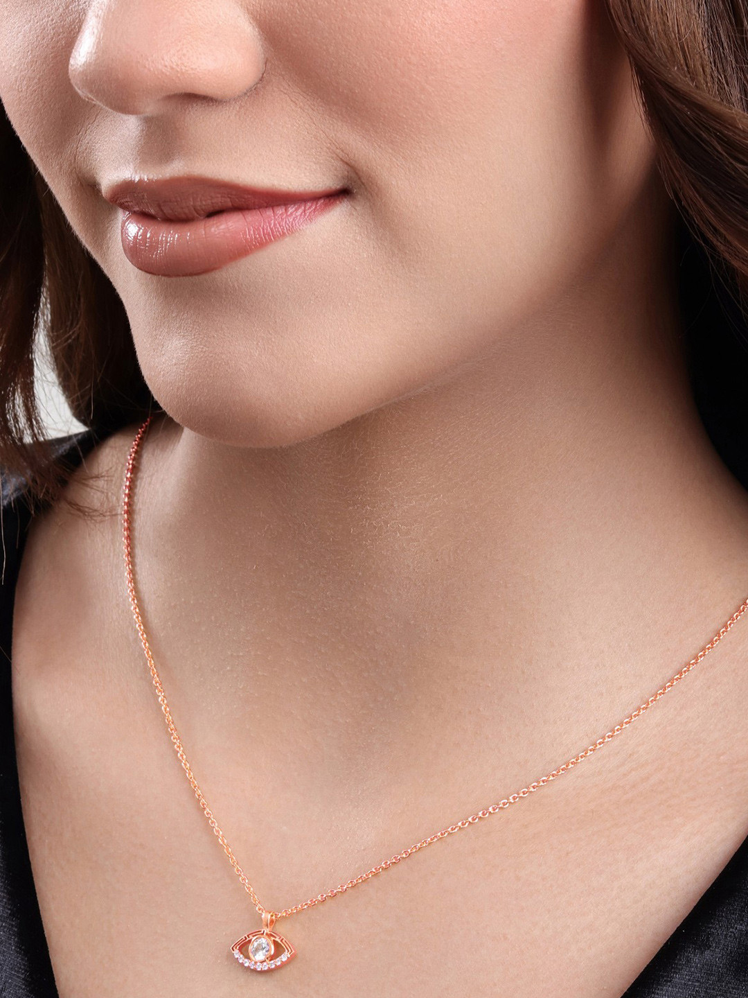 MALENA Rose Gold-Plated Artificial Stones Studded Quirky Pendant With Chain