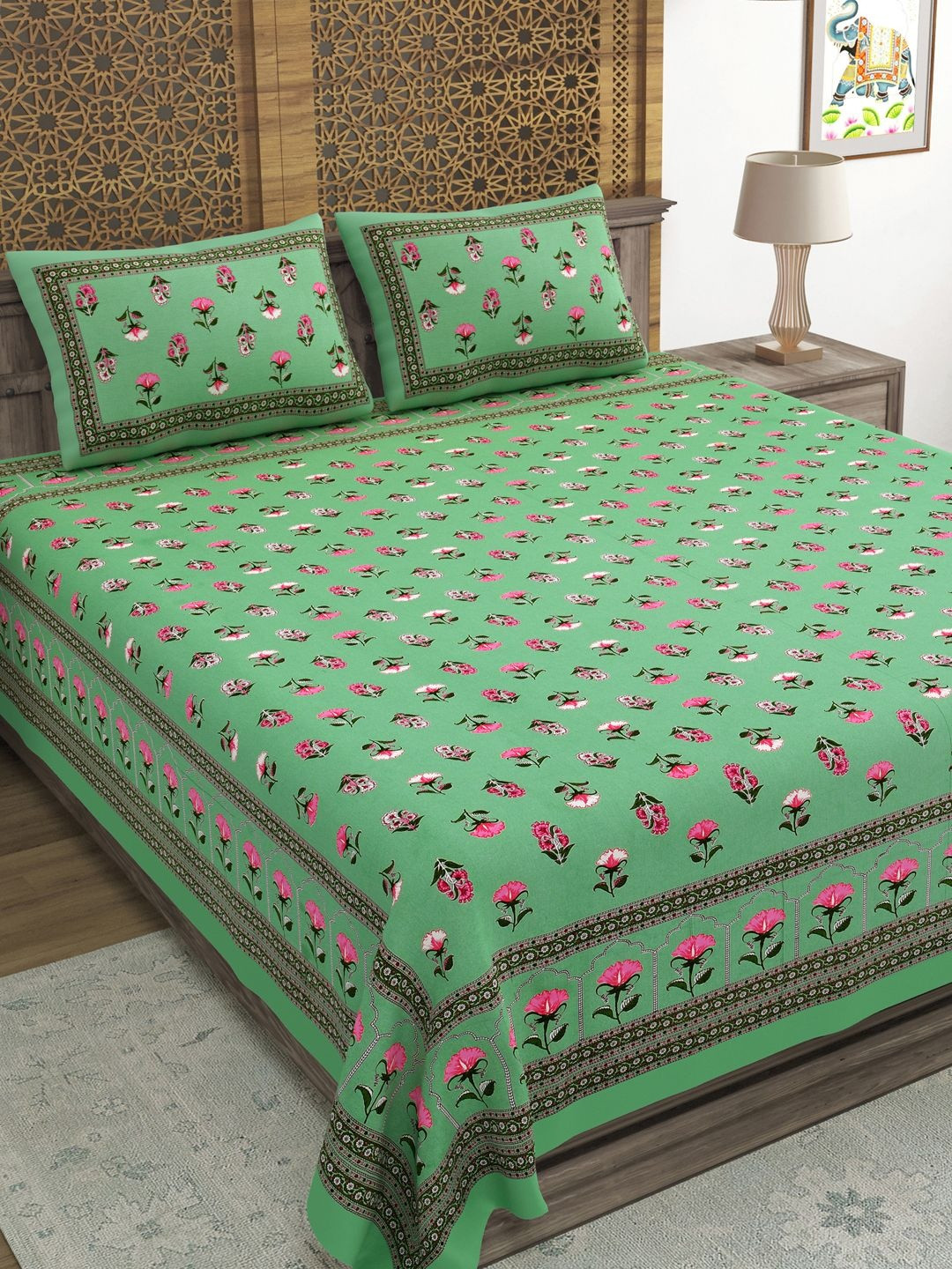 BLOCKS OF INDIA Green & Pink Floral 210 TC Bedsheet with 2 Pillow Covers