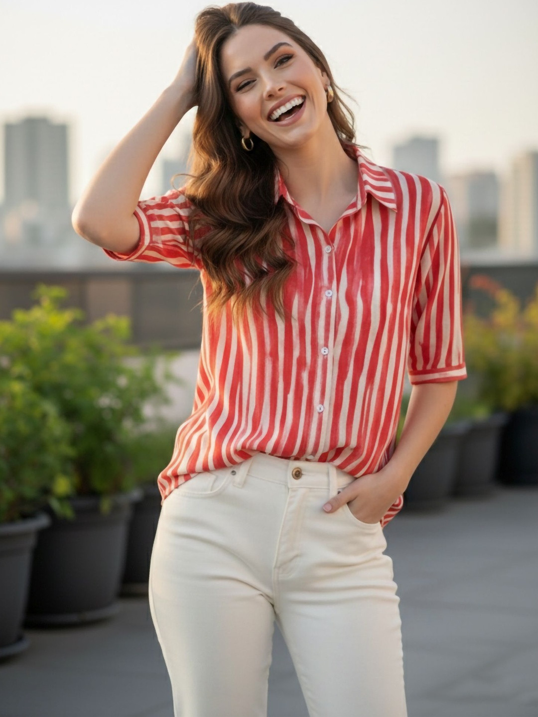 The Roadster Lifestyle Co Striped Shirt Collar Shirt Style Top