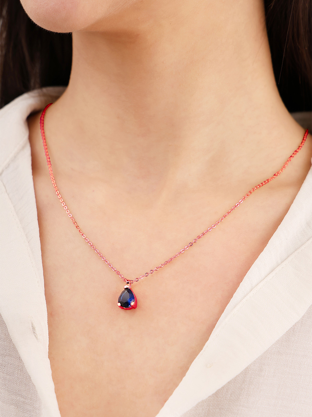 MALENA Rose Gold Plated Crystals Studded Teardrop Shaped Pendant With Chain