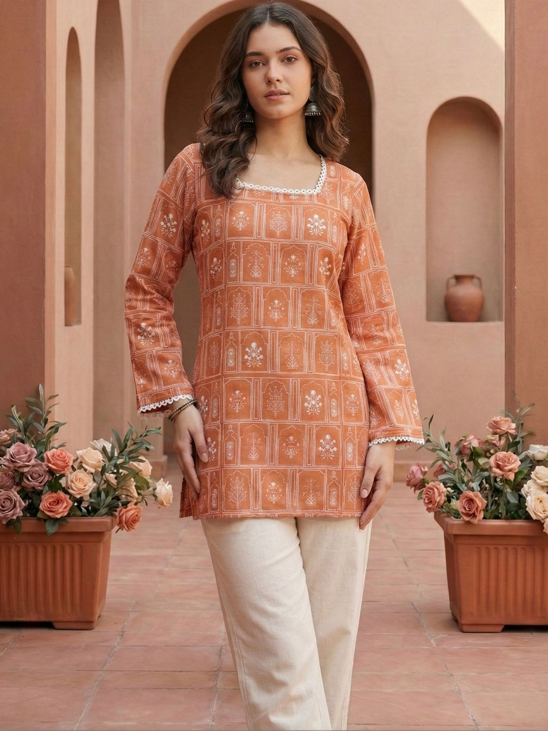 MASAKALI Women Printed Square Neck Cotton Blend Kurti