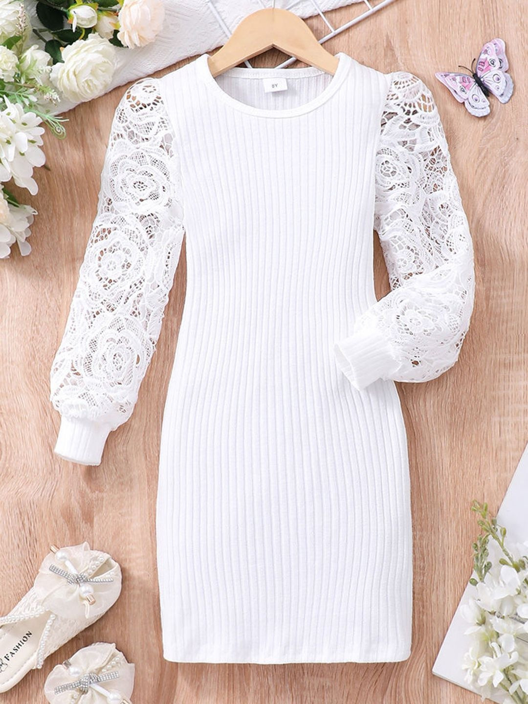 Hopscotch Lace Embellished Textured Full-Sleeve Casual Dress