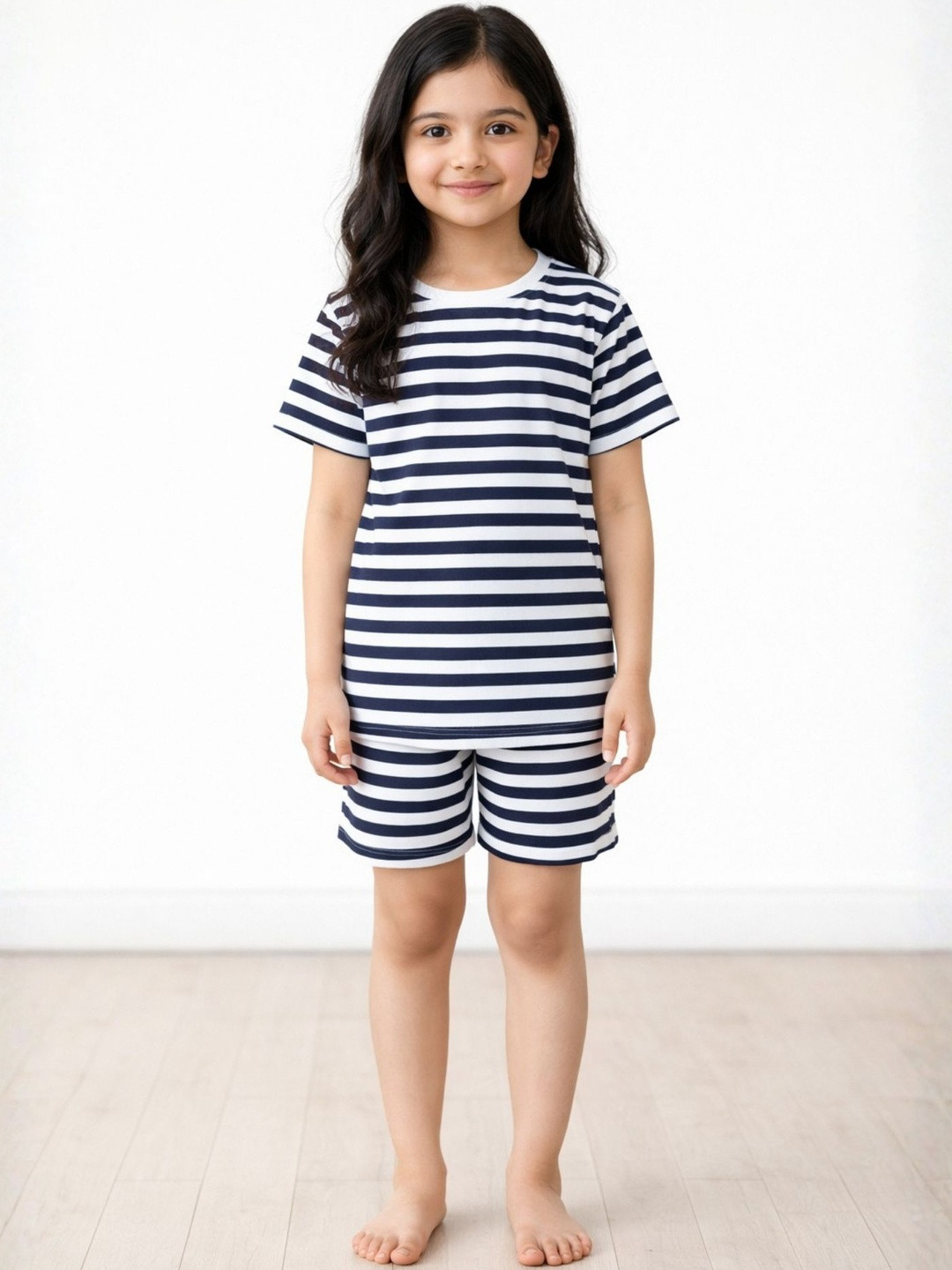 Anthrilo Girls Navy & White Stripe Short Sleeves Cotton Sleepwear Summer Night Suit Set