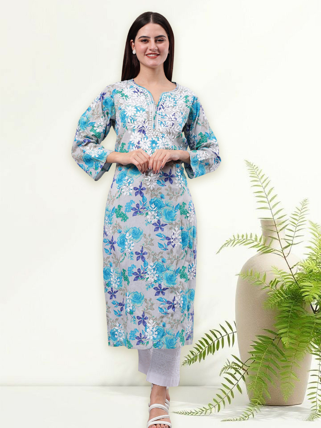 Seva Chikan Floral Printed Chikankari Cotton Straight Kurta