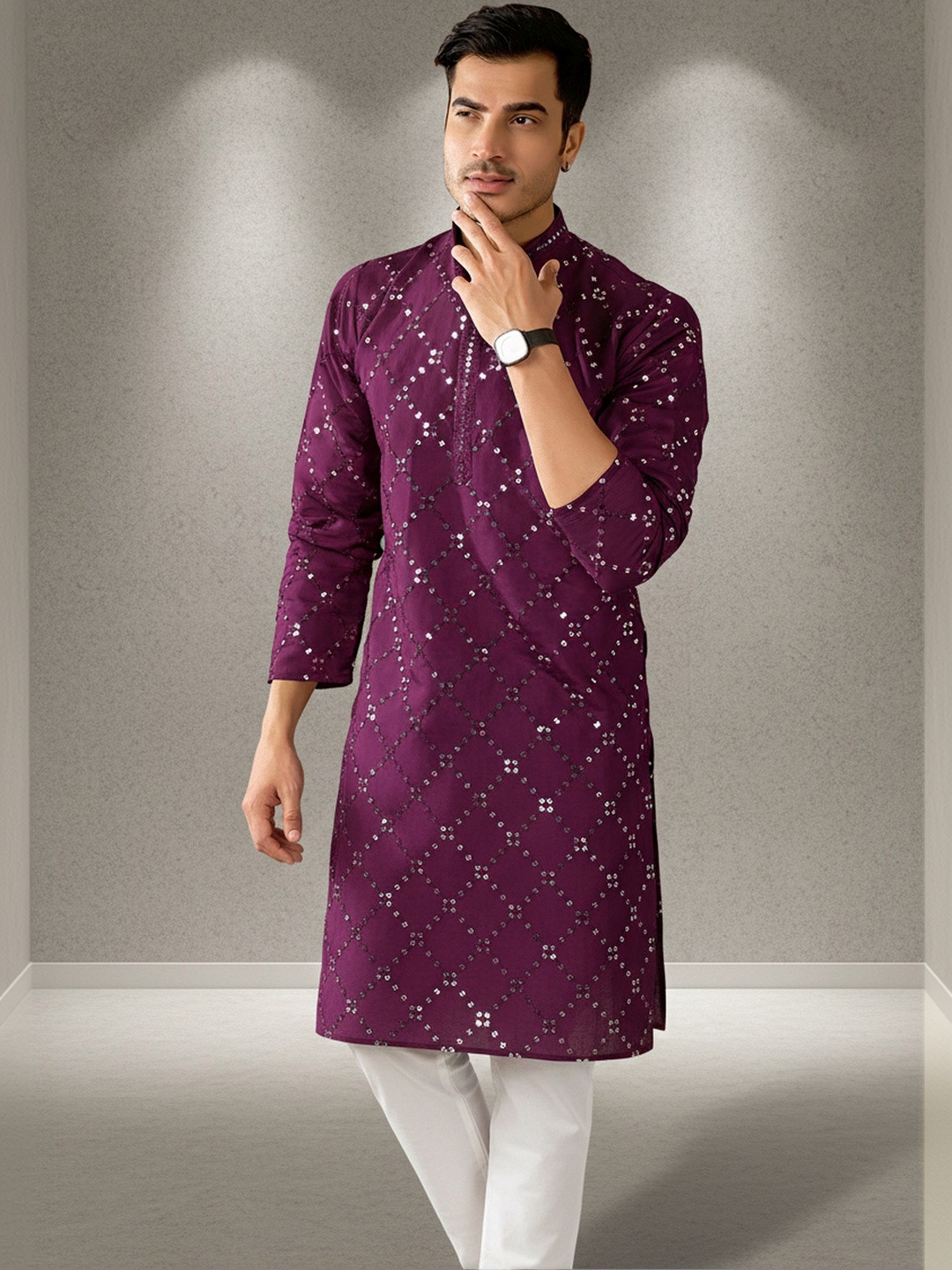 RANGRAAG Men Geometric Printed Thread Work Kurta
