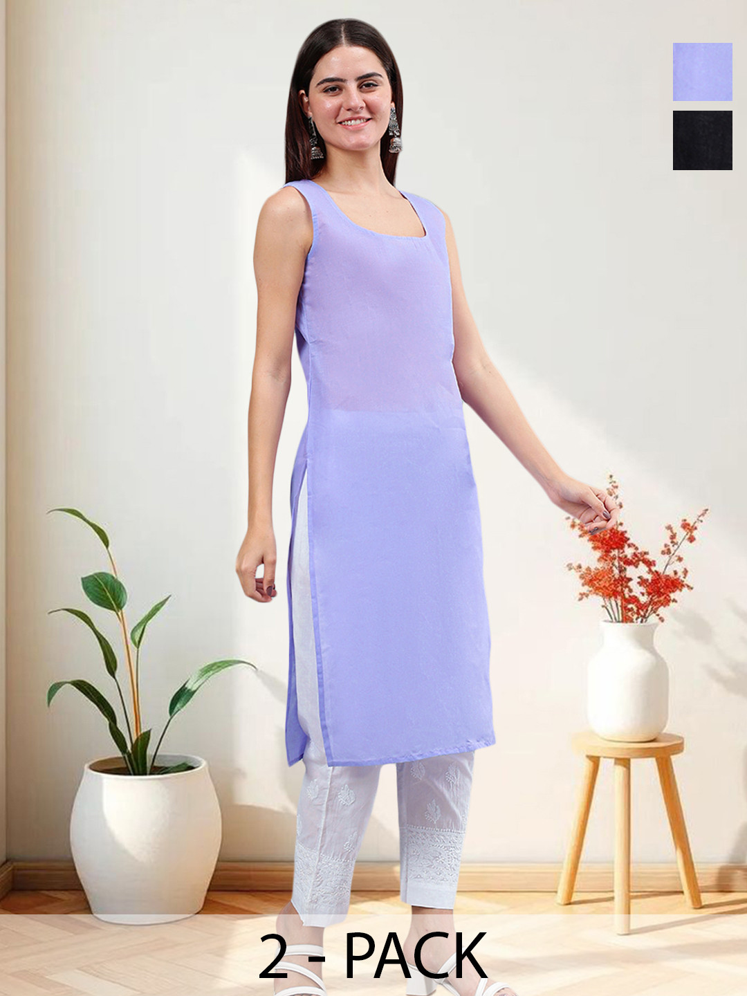 Seva Chikan Pack Of 2 Cotton Long Slips