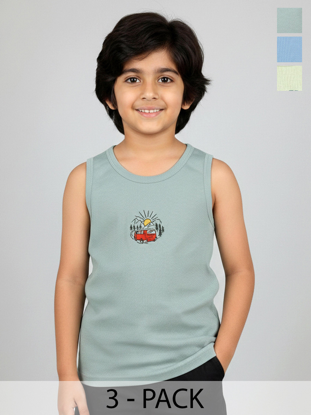 KiddoPanti Boys Pack of 3 Printed Assorted Cotton Blend Undershirt