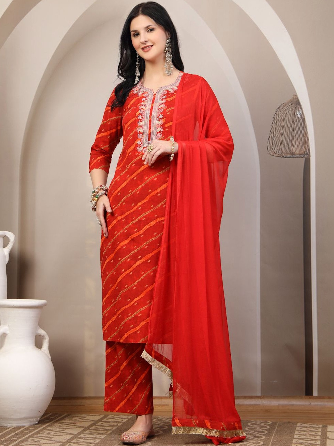 A&K Women Ethnic Motifs Printed Regular Kurta with Palazzos & With Dupatta