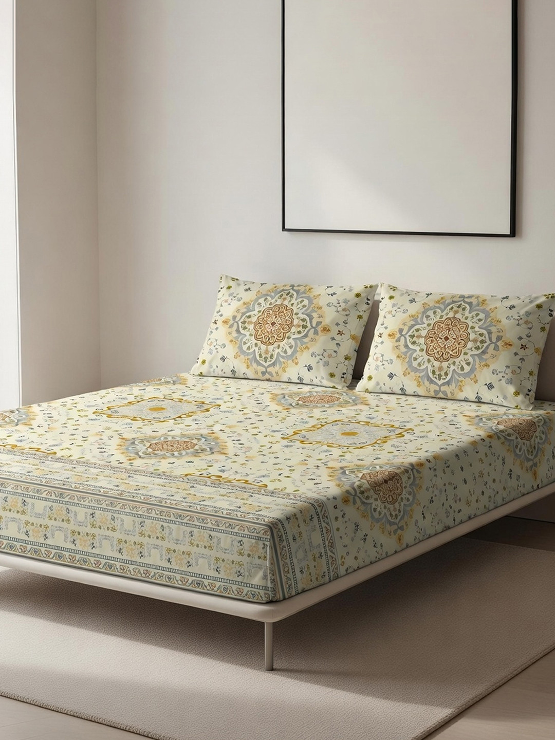 DDecor Beige Pure Cotton Ethnic 145TC King Fitted Sheet with 2 Pillow Covers