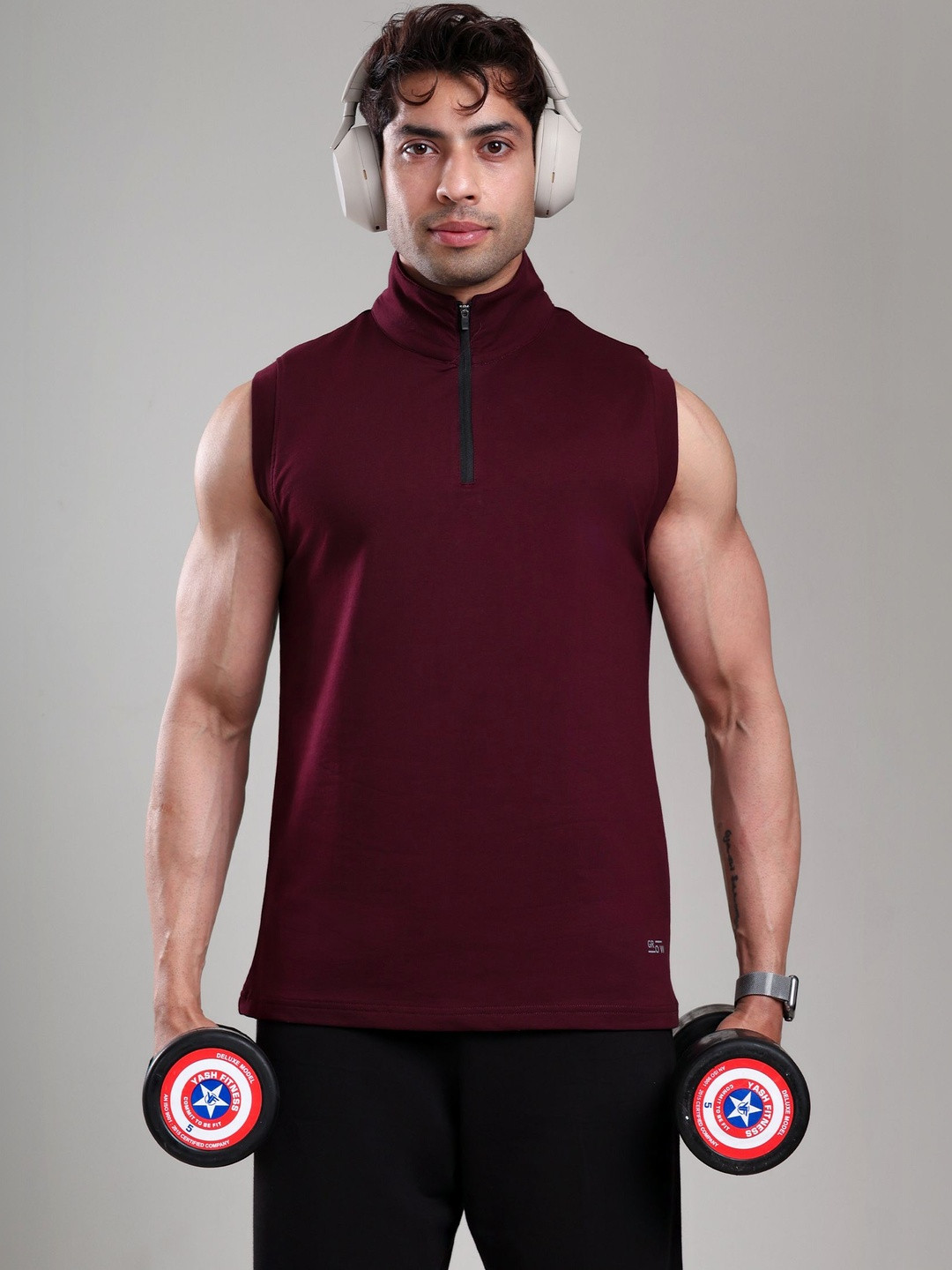 GROW Men Quarter Zip Pullover Half Zip Sleeveless Sweater Gym Vest T-Shirt
