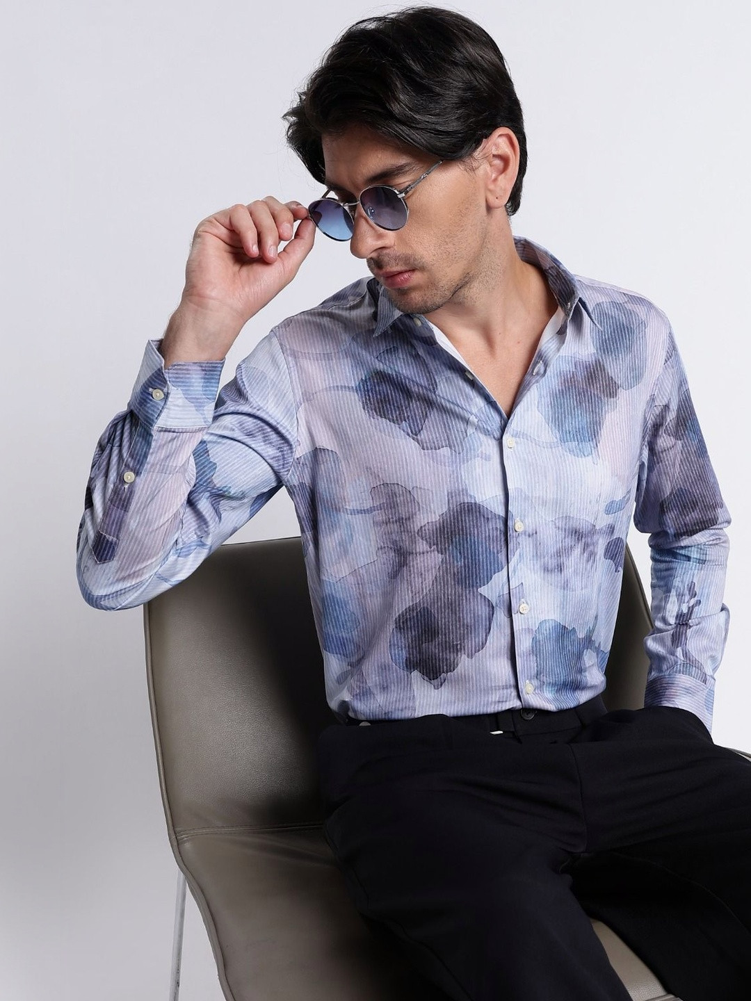 Blu MNKY Men Spread Collar Satin Digital Print Shirt