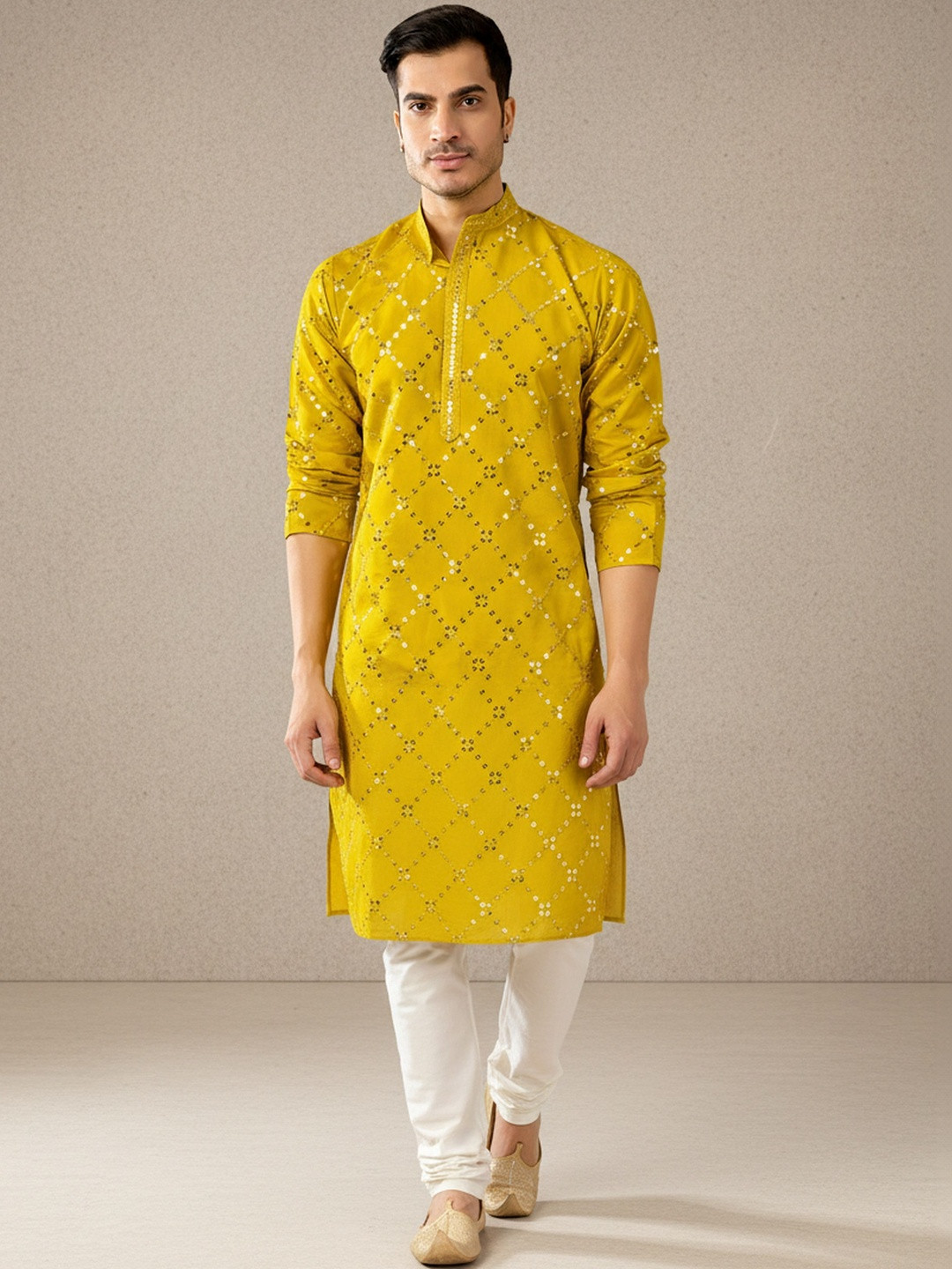 RANGRAAG Men Geometric Printed Thread Work Pathani Kurta