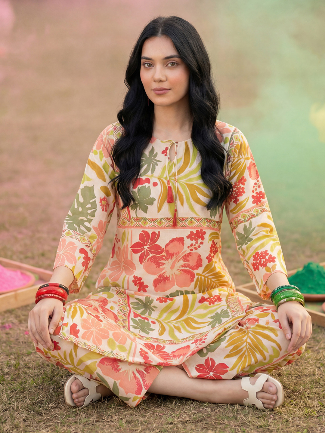 Indo Era Floral Printed Round Neck Kurta With Trouser