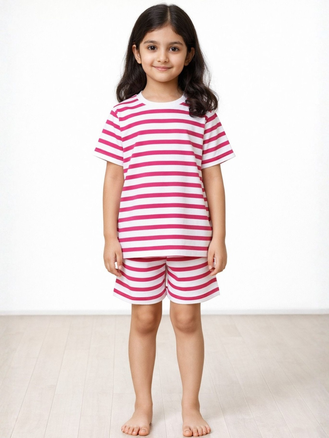 Anthrilo Girls Pink & White Stripe Short Sleeve Cotton Round Neck Sleepwear Night Suit Set