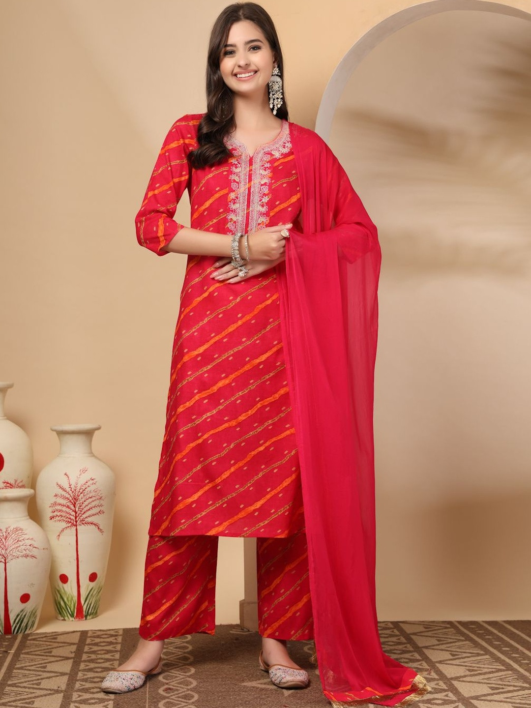 A&K Women Leheriya Printed Regular Thread Work Kurta with Palazzos & With Dupatta