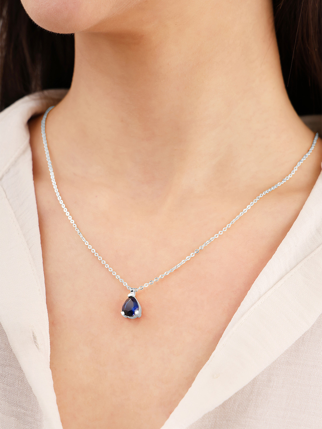 MALENA Silver-Plated Artificial Stones Studded Teardrop Shaped Pendant With Chain