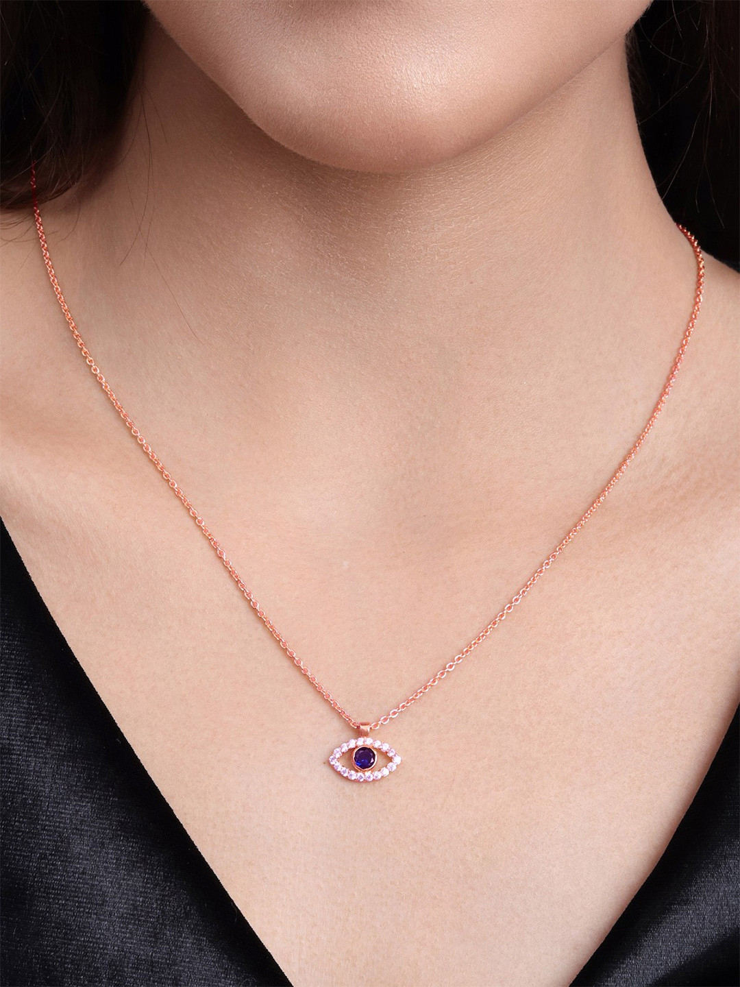 MALENA Rose Gold-Plated Artificial Stones Studded Quirky Pendant With Chain