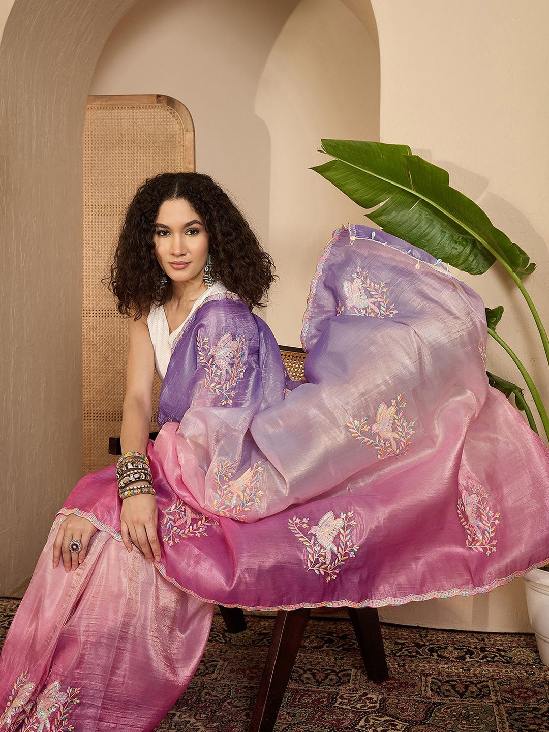 Sangria Ombre Embroidered Sarees With Scallop Border Tassels & Blouse Piece