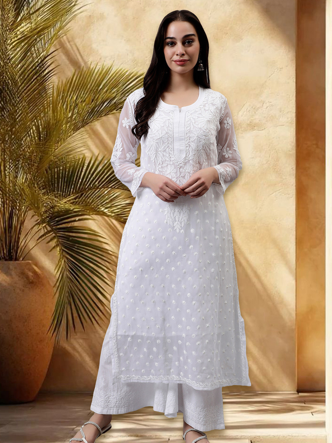 Seva Chikan Floral Embroidered Chikankari Georgette Straight Kurta