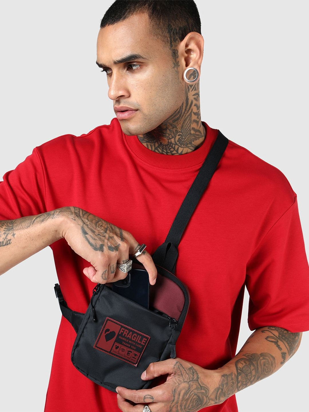 Unisex Black Fragile Printed Sling Bag