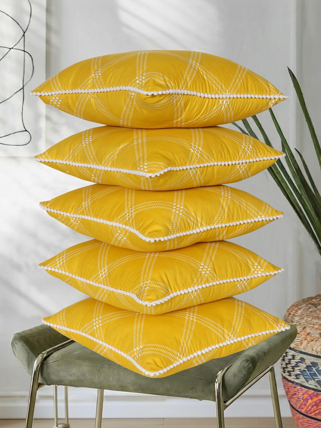 RD TREND Yellow Set of 5 Square Cotton Cushion Covers With Pom Pom 18x18 Inch